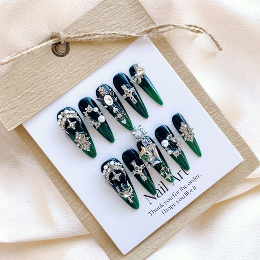 Long Almond Shape Green  Luxury Press on Nail with Baroque Style Ornament