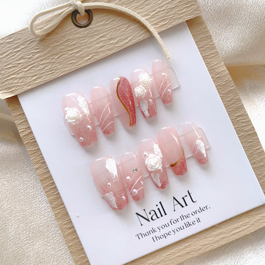Pink Press on Nail with White Flower on 